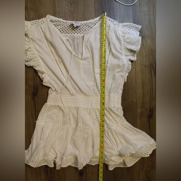 MISA Los Angeles Sarika White Eyelet Smocked Mini Dress Flutter Sleeve Size S - Picture 6 of 7